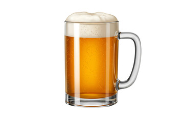 A glass mug filled with golden beer and topped with a rich foamy head, isolated on a transparent background—symbolizing refreshment, celebration, and classic pub-style enjoyment.