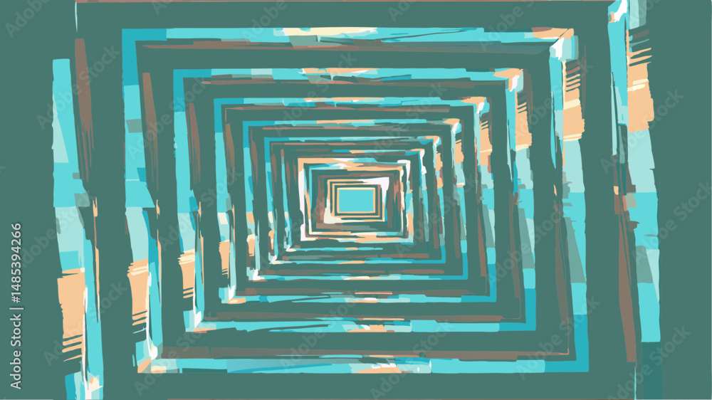 Poster abstract tunnel with diminishing squares in teal, brown, and cream color palette creating a depth ef