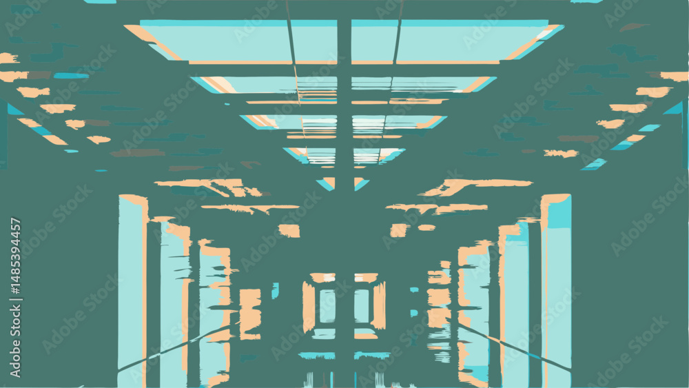 Poster a stylized view of an interior space with geometric shapes and teal and peach color palette design e
