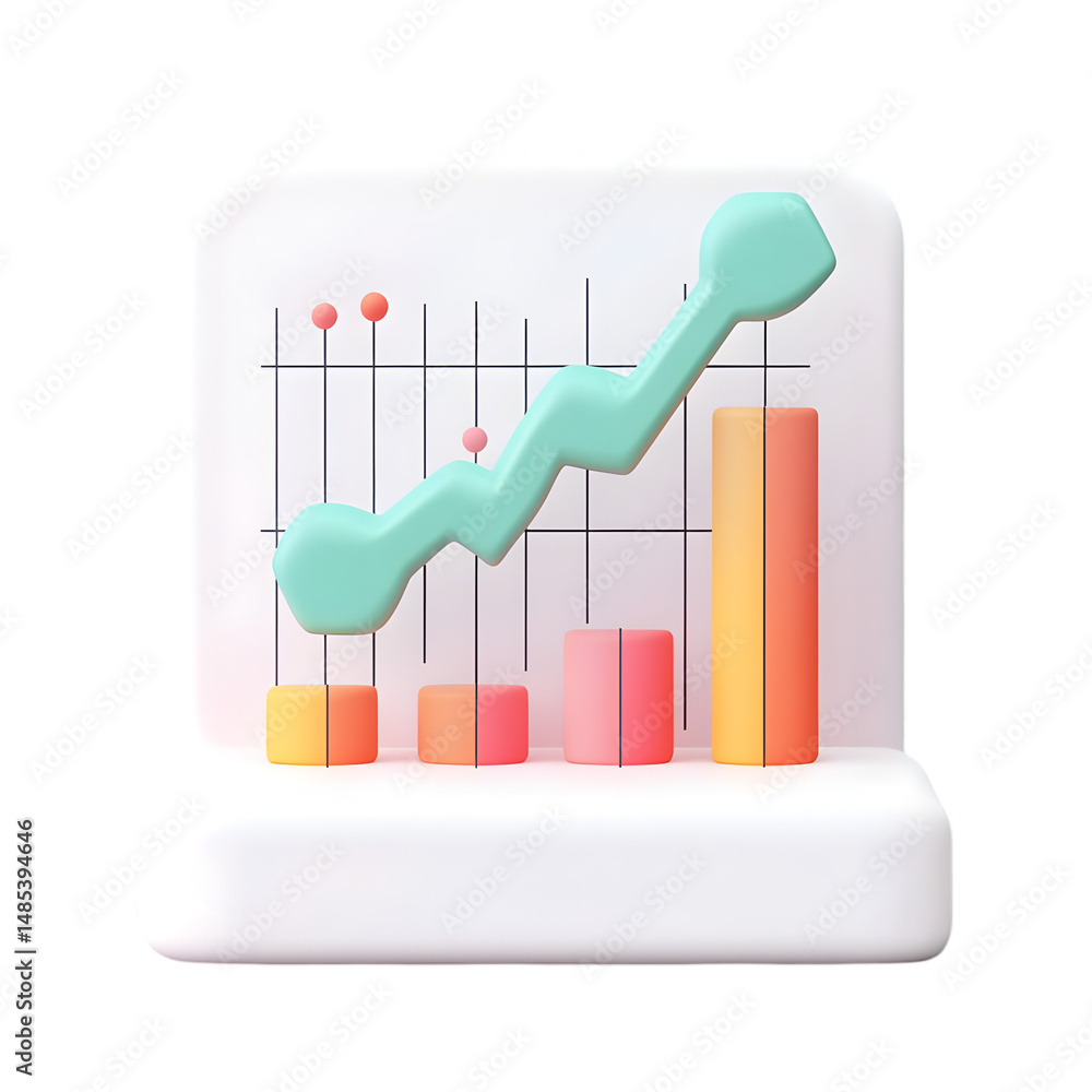 Poster 3d graphic representation of a positive trend in data, showing increasing line graph and colorful ba