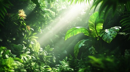 Lush Green Tropical Jungle With Sunlight Rays