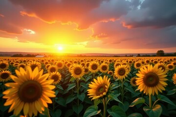 Obraz premium Blazing sunset casts long shadows across a vast sunflower field , countryside, summer