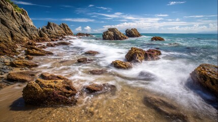 Rocky shoreline with waves crashing on the beach.