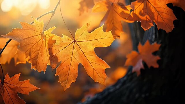 Orange maple leaves glowing in warm autumn sunlight near tree trunk during early fall season
