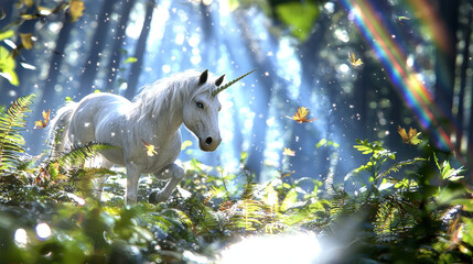 Majestic unicorn stands vibrant forest, surrounded by lush greenery and sparkling light. scene evokes sense of magic