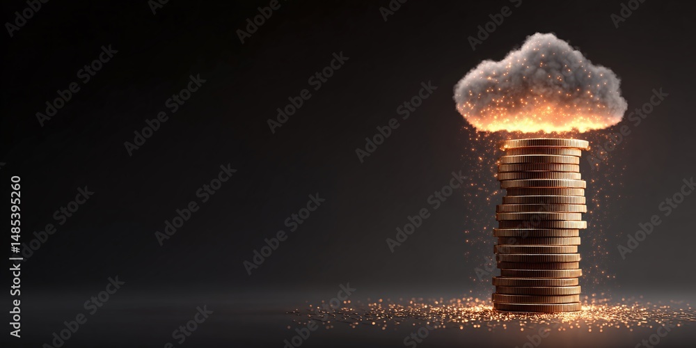 Aufkleber cloud computing cost efficiency savings. stacked coins with glowing cloud symbol. automation perform