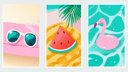 Illustrations depicting summer themed items including sunglasses, watermelon, and a flamingo floatie