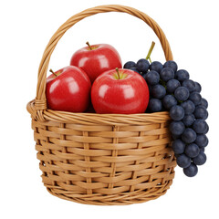 A woven basket filled with fresh red apples and dark grapes, set against a plain background