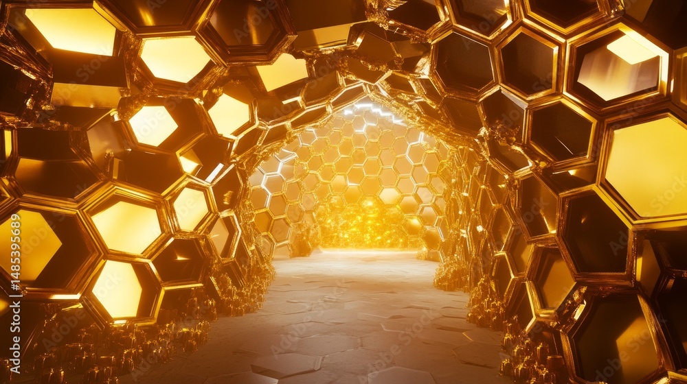 Poster a golden tunnel with hexagonal shapes