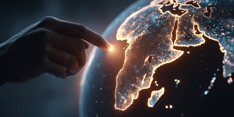 Digital rendering of hand touching illuminated Africa on globe. Tech concept global digital network, innovation. Futuristic business. Modern Africa, technology future. Connection, communication