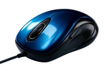 Stylish blue computer mouse with cable on transparent background