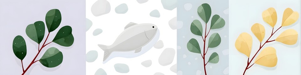 Fototapeta premium Nature's Collage: A minimalist composition of stylized branches and a geometric fish against a backdrop of serene colors, presenting a calming and artistic vision of nature.