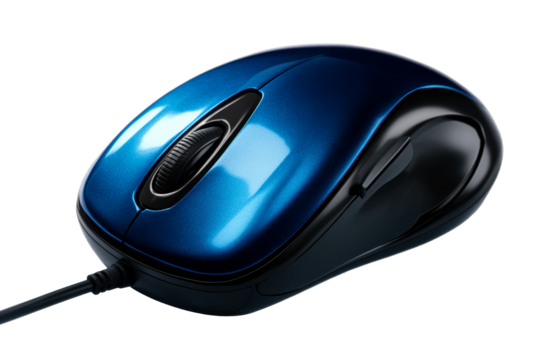 Stylish blue computer mouse with cable on transparent background