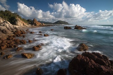 Rocky coastal shoreline with dramatic waves under a partly cloudy sky.