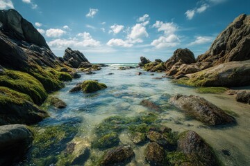 Rocky shoreline cove bathed in sunlight.