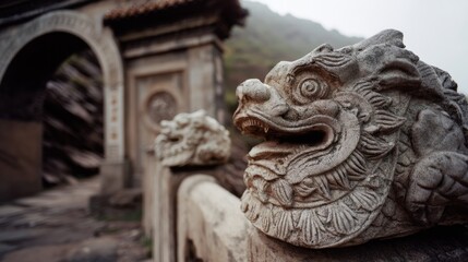 A fierce stone dragon sculpture at the entrance of an ancient temple, symbolizing power, protection, and the enigmatic allure of historical architecture.