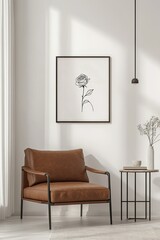 Minimalist rose art print in a modern living room setting