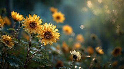 Obraz premium Blooming Sunflowers In Sunny Field With Beautiful Bokeh And Flares