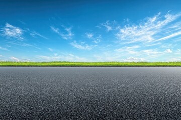 Clear blue sky with wispy clouds above green grass and empty textured asphalt road in bright daylight