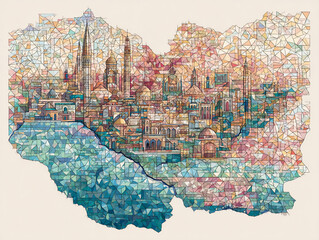 unsettling digital art of a fractured iranian map being held together by nuclear disarmament symbols