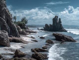 Dramatic coastal landscape with towering rocks and waves.