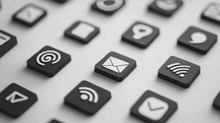 Black and white communication icons arranged neatly on a surface highlighting modern digital interaction