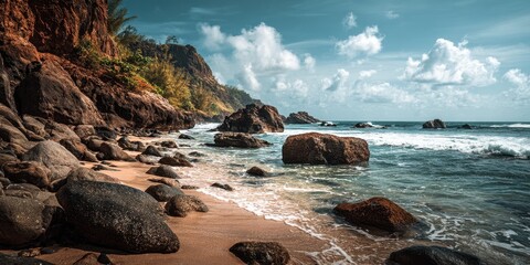 Rocky beach scene under a dramatic sky.