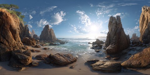 Dramatic coastal scene with towering rocks.