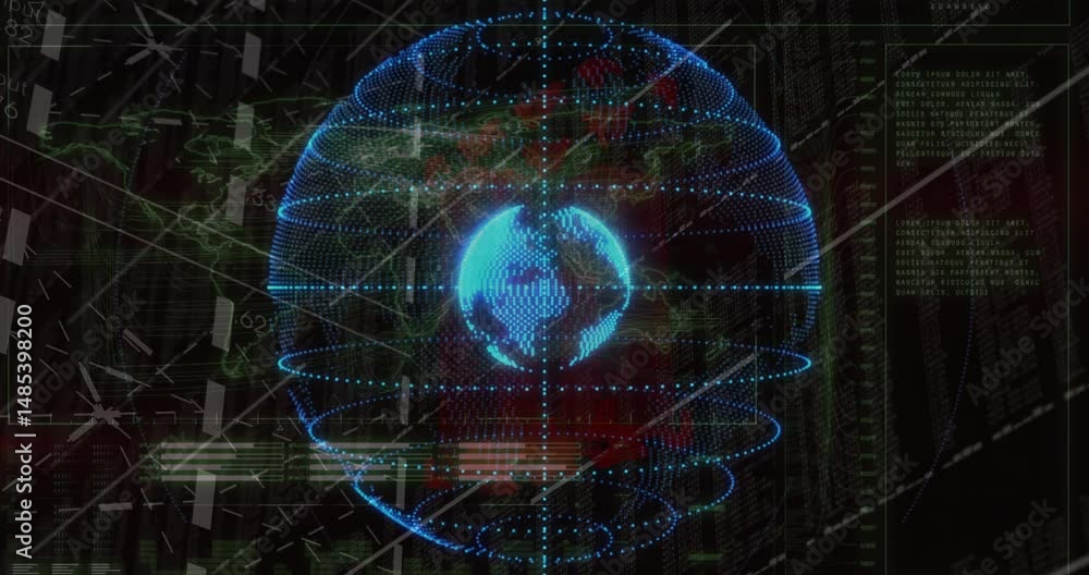 Poster glowing 3d holographic globe spinning over dark grid while data streams scrolling around interface