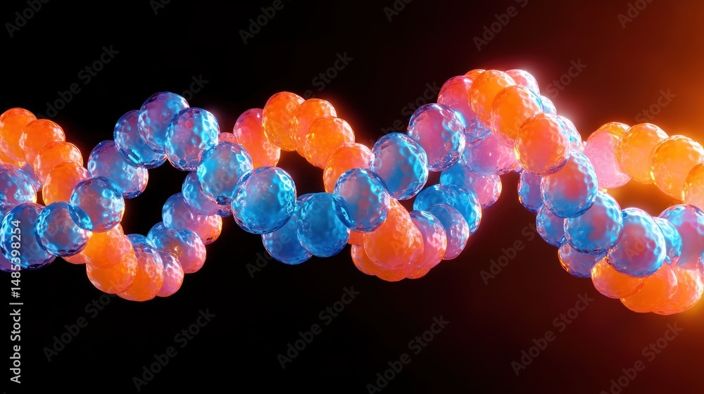 Poster close-up view of a colorful double helix structure composed of translucent blue and orange spherical
