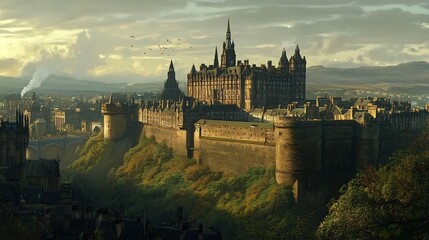 Naklejka premium Majestic Castle on Hilltop: A Serene Autumnal Landscape Painting