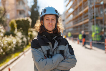 Woman in helmet and jacket.