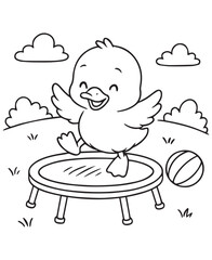 Coloring book duckling bounces on a trampoline with a ball nearby. 