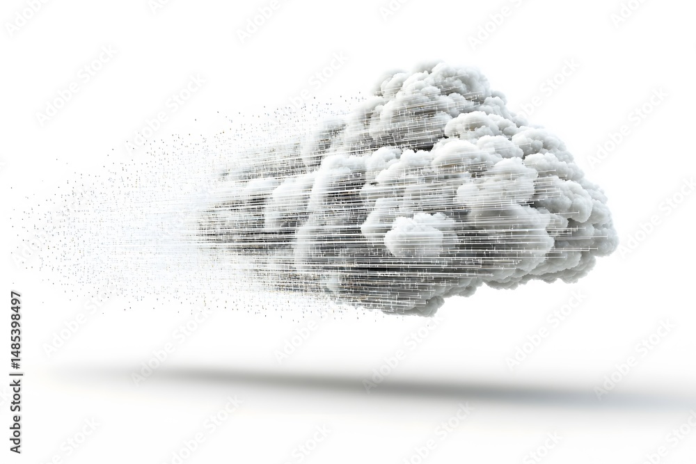 Poster conceptual abstract artwork depicting a cloud formation with data flowing outwards against a clean w
