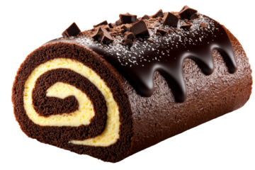 Chocolate roll cake with creamy filling and chocolate chips