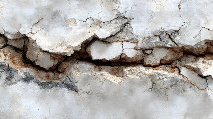 Obraz premium A detailed close-up shot reveals a severely cracked and weathered concrete wall texture with visible age and decay.