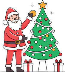 Santa Claus Decorating Christmas Tree Line Art Vector.