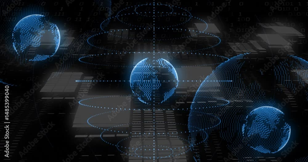 Poster central holographic earth globe floating in grid space streaming binary code and spiral rings