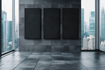 Three blank frames on a city view wall