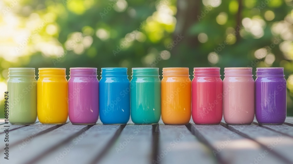 Poster a row of colorful mason jars filled with different colored liquids