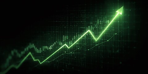 Green arrow pointing upward on financial graph. Business growth chart with rising trend line. Digital stock market data visualization for investment analysis