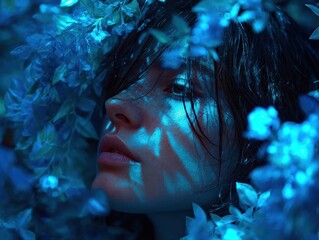Close-up portrait of a person surrounded by blue flowers.