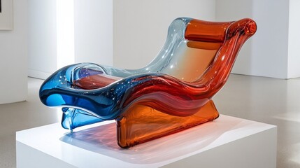 A colorful lounge chair is on display in a room