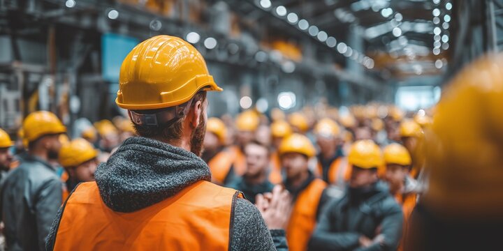 Industrial workers gather in large warehouse for safety training. Workers wear safety vests, hard hats. Instructor guides training. Group listens attentively. Pro training session
