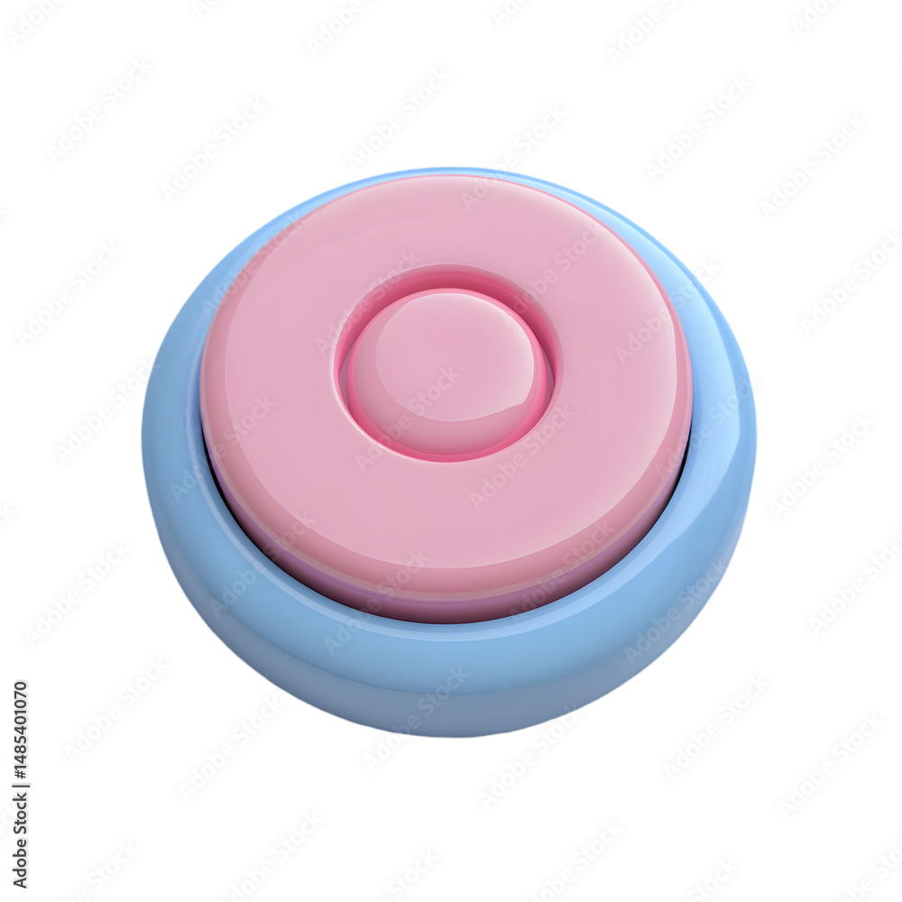 Poster close-up view of a 3d rendering of a light blue and pink circular button.
