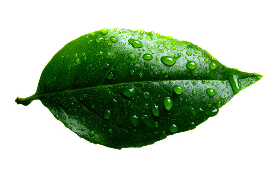 Raindrops on a fresh green leaf with transparent background