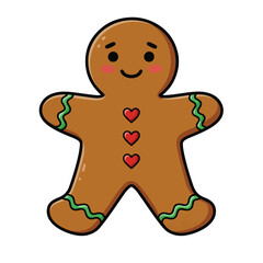 A cartoon gingerbread man cookie decorated with green icing on the arms and legs and three red hearts down the center. It has a smiling face with rosy cheeks and small eyes.