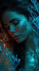 Close-up portrait of a serene woman nestled in luminous plants.