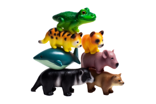 Colorful plastic animal figures stacked in a playful arrangement