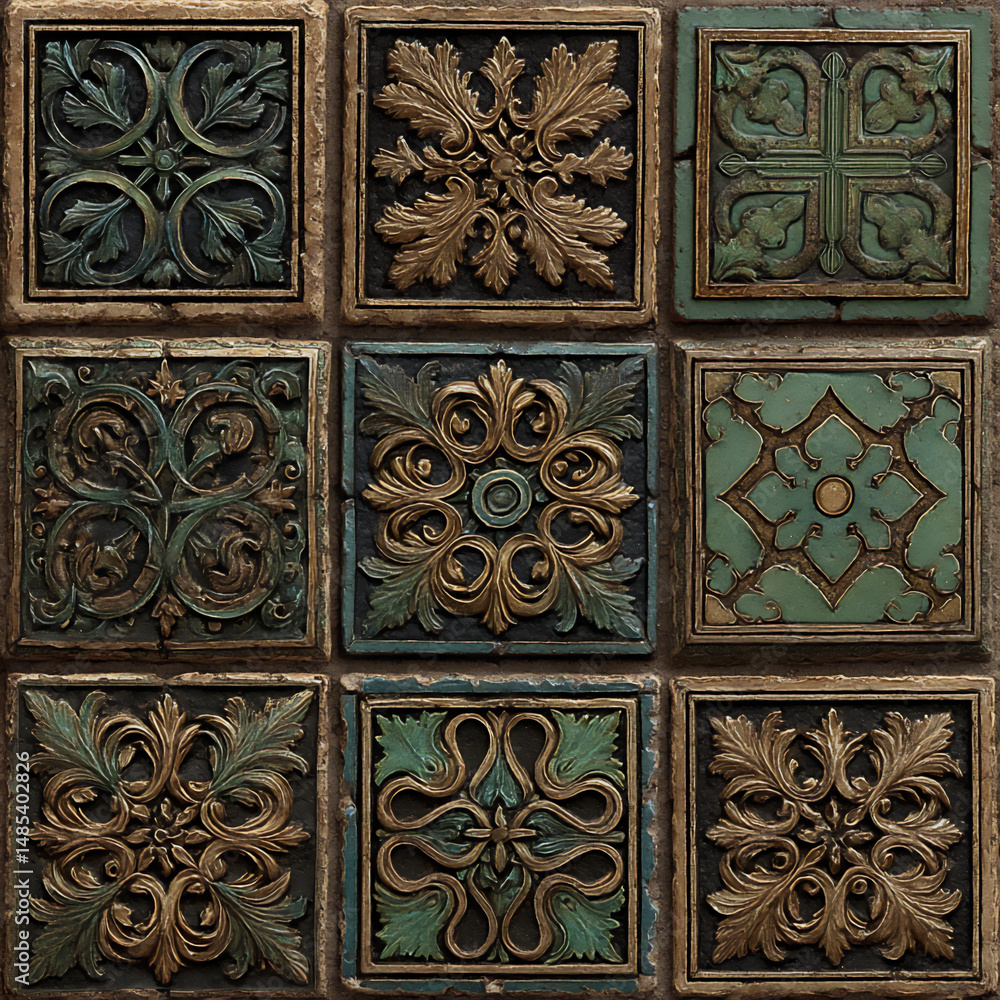 Poster top-down view of a collection of flat design symbols with intricate islamic tilework patterns